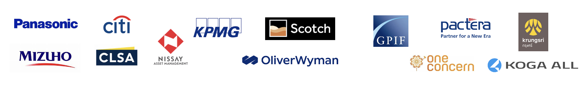 Client logos including Panasonic, Citi, HSBC, KPMG, Mizuho, CLSA, Oliver Wyman, and more